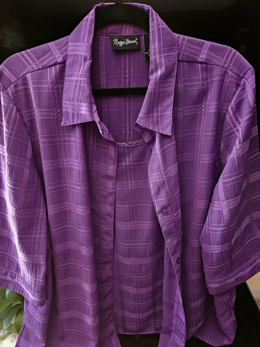 Maggie Barnes Purple Textured Plaid Blouse Two-fer Look